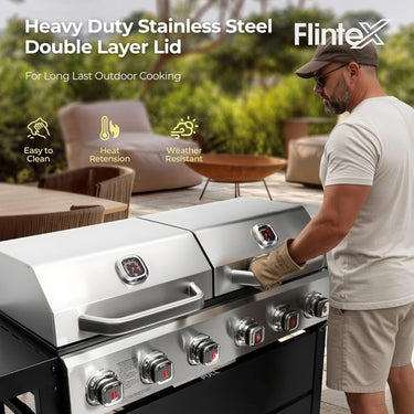 6 Burner Propane Gas Grill Griddle Combo with Porcelain-Enameled Cast Iron Grates and Pan, Dual Outdoor BBQ Grill with Flat Top Griddle for Outdoor Barbecue Cooking