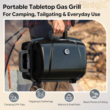 Flintex 1 Burner Portable Camping Propane Gas Grill, Compact Tabletop BBQ Grill for Camping RV,Apartment & Balcony, Fast Heating, Space-Saving, Easy Clean, Simple Assembly
