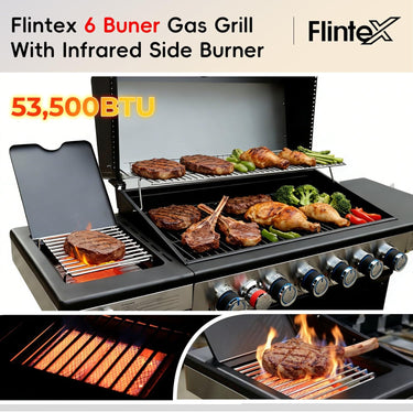 6 Burner Infrared Propane Gas Grill with Side Burner, Porcelain-Enameled Cast Iron Grate & Griddle, Outdoor Barbecue Grill for Backyard Grilling